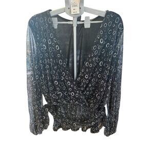Ashley Stewart Metallic Polka Dot Blouse 3X Black Silver Sheer Long Sleeve VNeck